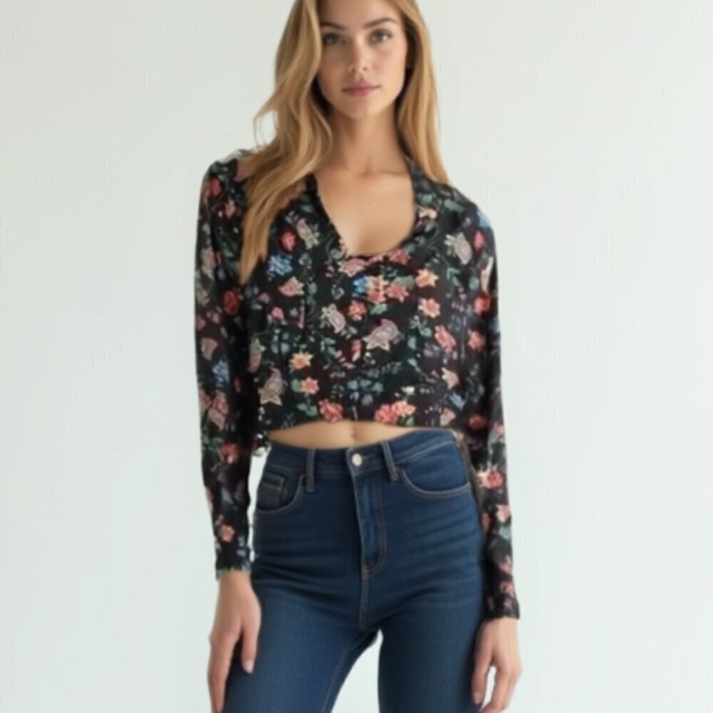 Handmade Floral Black Crop Top M